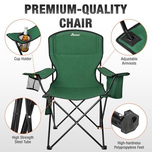 Image of Camping Chairs for Adults, 2 Pack Heavy Duty Folding Chair with 4-Can Cooler Bag, Portable Outdoor Chair with Cup Holder, Collapsible for Tailgating, Beach, Fishing, Green