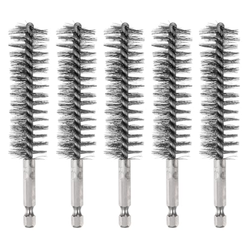 HARFINGTON 5Pcs Bore Brush Stainless Steel 22mm Dia Cleaning Twisted Wire Brush Tube Pipe Cleaner with Handle 1/4 Inch Hex Shank for Tubes, Ports, Bearings