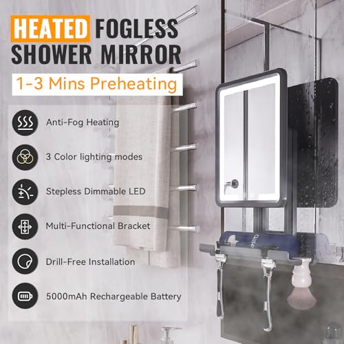 Image of Heated Shower Mirror Fogless for Shaving with 3-Color Dimmable LED Lights, Rechargeable, 360 Degree Adjustable, Drill-Free, All-in-One Storage Tray Holds Shaving Foam, Brush and 2 Razors, Black