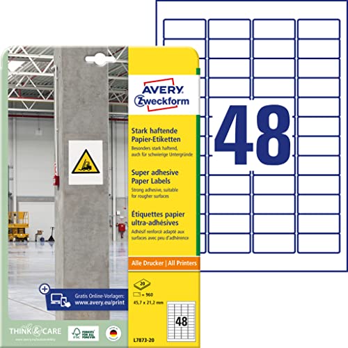 AVERY Zweckform L7873-20 Starka självhäftande etiketter (960 klistermärken, 45,7 x 21,2 mm på A4, extremt stark självhäftande, även för svåra ytor, tryckbar kraft självhäftande etiketter) 20 ark, vit