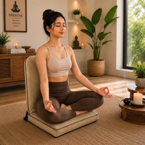Image of Kawachi Floor Chair with Laptop Table, Foldable Back Support & Portable Study Table Combo, Reading, Work from Home, Meditation & Relaxation Chair (KC32-Beige)