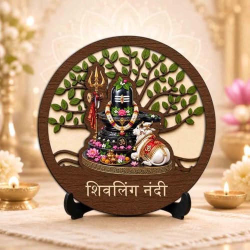 Image of Shivling Nandi Wooden Murti for Home Mandir, Prayer Room, Table Top Decor & Spiritual Gifting - 5x5 Inch