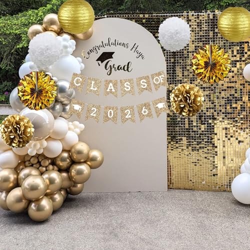 Image of Gold Graduation Party Decoration Class Banner Hanging Pom Poms Flowers High School College Grad Supplies