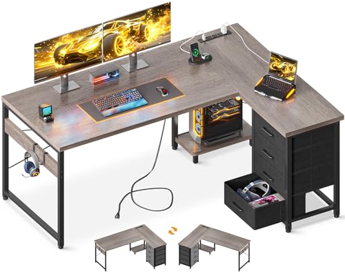 Image of AODK L Shaped Gaming Desk with 4 Drawers, 53 inch Reversible Home Office Desks with Power Outlets, L Shaped Computer Desk with USB Charging Port and Host Stand, Corner Desk, Easy to Assemble, Grey