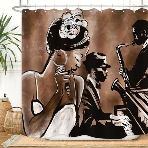ZXMBF American Woman Jazz Shower Curtain African Black Girl Singing Jazzist Afrocentric Black Art Grunge Style Waterproof Fabric Bathroom Decor 72x72 Inch Brown Plastic Hooks 12