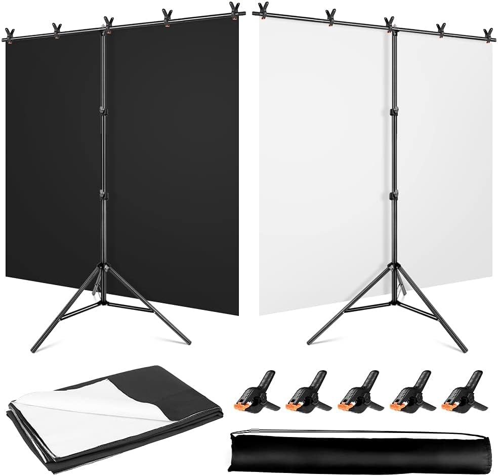 Black White Backdrop Screen with Stand Kit 5x6.5ft for Photo Video Studio, 2-in-1 Revisible Black Backdrop White Screen with T-Shaped Photography Background Support Stand and 5 Clamps