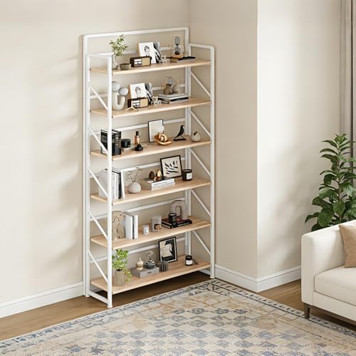Image of JSB Folding Bookshelf,Industrial Storage Shelves, No Assembly Vintage Wood Look Bookshelf with Storage Shelves for Living Room, Bedroom, Office (White, Wide 6-Tier)