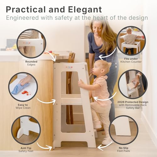 Image of Stepup Baby Toddler Standing Tower - 3 Level Adjustable Wooden Kitchen Step Stool, Bathroom Sink, Kitchen Counter, Kids 18 Months to 4 Years Gift - White