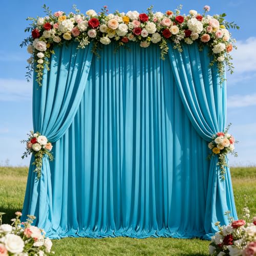 Image of 10ft x 10ft Lake Blue Backdrop Curtains for Parties, Polyester Fabric Backdrop Drapes with Rod Pockets for Weddings, Birthday, Halloween, Photography, Christmas Party Background Curtain, 2 Panels
