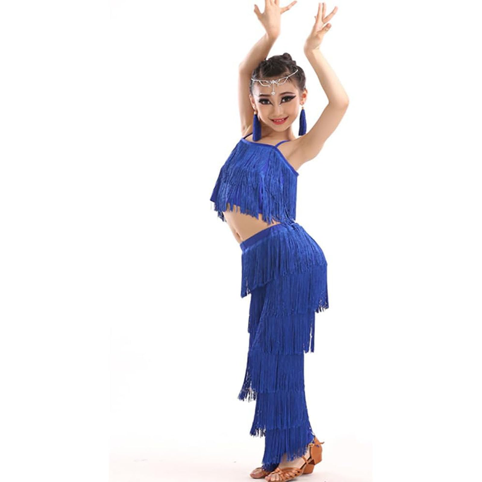 Vestito Ballo Latino Americano Bambina Set 3 Pezzi Top Senza Maniche con Pantaloni a Frange e Orecchini Costume Danza Vestiti Ballerine Abbigliamento Completo da Pratica per Cha Cha Esibizione