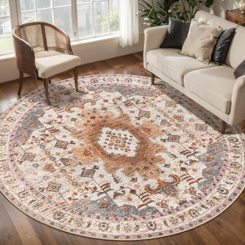 Image of Tangsoo Washable Round Area Rugs 6ft, Vintage Non Slip Large Circle Rug