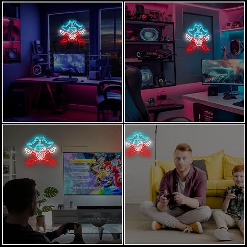Image of Pirate Skull Neon Sign, USB Powered LED Light for Room Decor | Skull Wall Decor for Bedroom, Game Room, Halloween Party, Bar, Pirate Theme and Gift