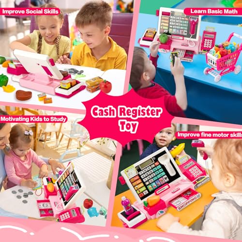 Image of Kids Cash Register Toy with Shopping Cart Toddler Pretend Play Store Cashier Register for Kids with Music / Real Calculator / Scanner Learning Toys for Girls Birthday Gift for 3-8 Year Old Girl
