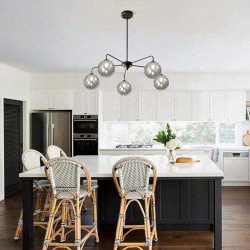 Image of Mid Century Modern Chandelier Smoky Gray Clear Glass Globe Ceiling Light Fixture 5 Light Black Sputnik Chandelier for Kitchen Dining Room Bedroom