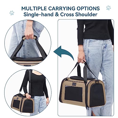 Petsfit Transportbox Katze kleine Hunde leicht Hundetasche Flugzeug für kleine Hunde Katzen Transporttasche Hundetragetasche,Tragetasche Hund Flugtasche mit Schutzgurt & erweiterbare Matte, S/Khaki