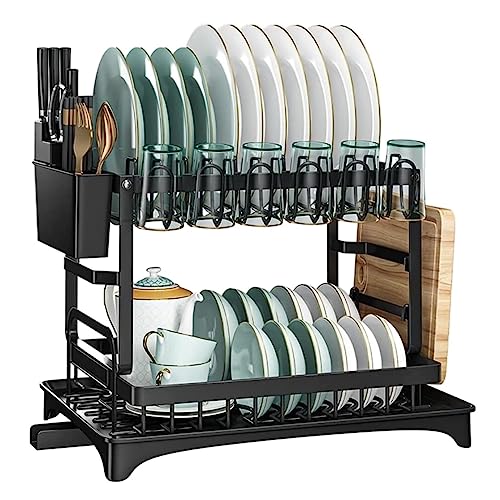 Escurridor de platos de 2 niveles con soporte para utensilios, solución de almacenamiento de cocina para platos y cubiertos, ahorra espacio, estante de drenaje negro para uso doméstico