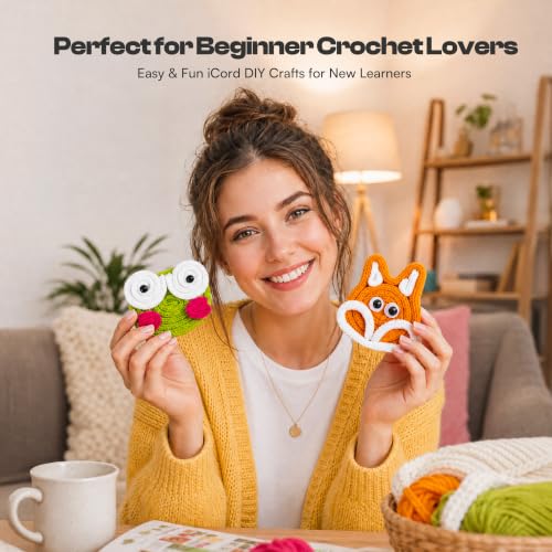 Image of 4 Pcs iCord Animals Knitting Kit, Complete Yarn & Aluminum Craft Wire Set | with Colorful Keychains, Static & Dynamic Eyes, Hot Glue, Beginner Friendly Handmade Ornament Craft Kit for Ideal DIY Gift