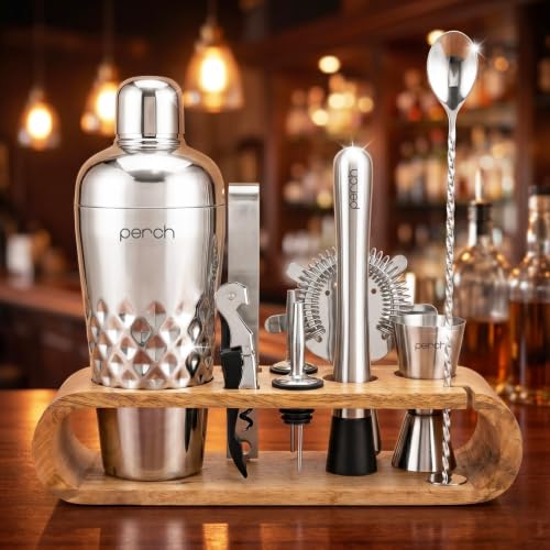 Image of O' Holic by Perch 10-Piece Bartender Kit with Mango Wooden Stand|Cocktail Shaker Gift Set with Jigger, Strainer,Spoon, Muddler, Pourers, Corkscrew & Tongs|Home Bar Accessories for Mixing Drinks|Silver