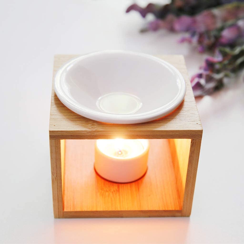AAPIE Quemador de Aceite Esencial Creativo para el hogar, quemadores de Aceite de Madera de bambú para derretir Cera, Vela de cerámica, Adornos Decorativos para derretir Cera