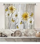 Famiffty Farmhouse Floral Kitchen Curtains 27.5W X 39L Inch 2 Panel Rod Pocket Rustic Vintage Yel...