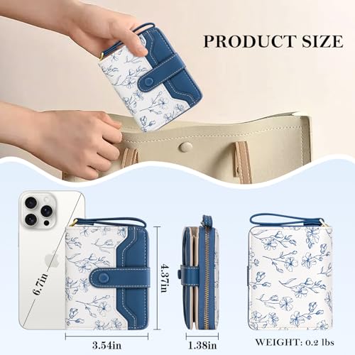 Image of BIAOTIE Wallet for Women Cute Floral Flower Wallet RFID Credit Card Holder Purse Small Bifold Zipper Coin Pocket Purse with ID Windows (Marine Blue)