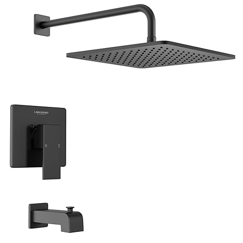 Lava Odoro 12-inch Square Bathtub and Shower Faucet Set Matte Black, Shower Trim Kit with Rough-in Valve High Pressure Black Rainfall Shower Head and Handle Set, (Valve Included), SF106-MB-T