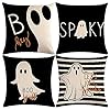 7COLORROOM Set of 4 Halloween Pillow Covers Black &White Striped Spooky Ghost Boo Cushion Cover Autumn Fall Halloween Holiday Farmhouse Decorative Pillowcases 18”×18”for Home Sofa Bed Couch