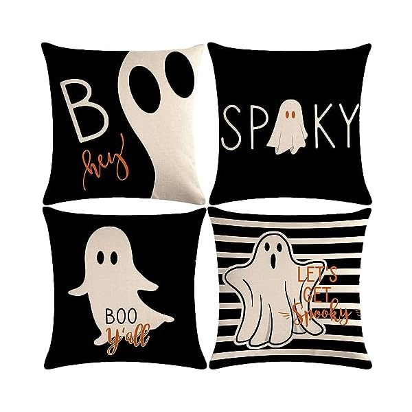 7COLORROOM Set of 4 Halloween Pillow Covers Black &White Striped Spooky Ghost Boo Cushion Cover Autumn Fall Halloween Holiday Farmhouse Decorative Pillowcases 18”×18”for Home Sofa Bed Couch