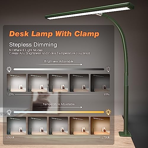 Image of Airlonv LED Desk Lamp for Office Home, Eye-Caring Desk Light with Stepless Dimming Adjustable Flexible Gooseneck, 10W USB Adapter Desk Lamp with Clamp for Reading, Study, Workbench (Green)