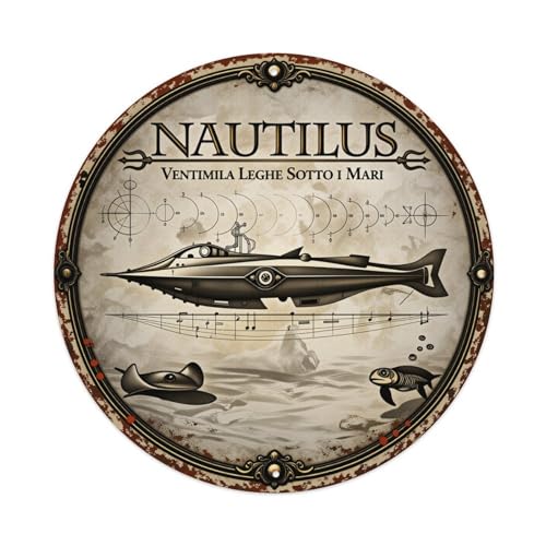Nautilus Submarine Oceanic Design Art Round Tin Sign Vintage Style Metal Sign Home Bar Garden Wall Plaque Decor Metal Poster 20,3 x 20,3 cm