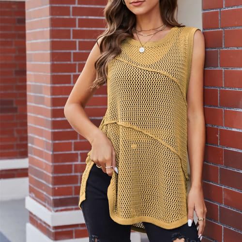Sweater Tank Tops for Women Crochet Cutout Tunic Tops Fashion Sleeveless Crewneck Knitwear Vest Blouse Tops2