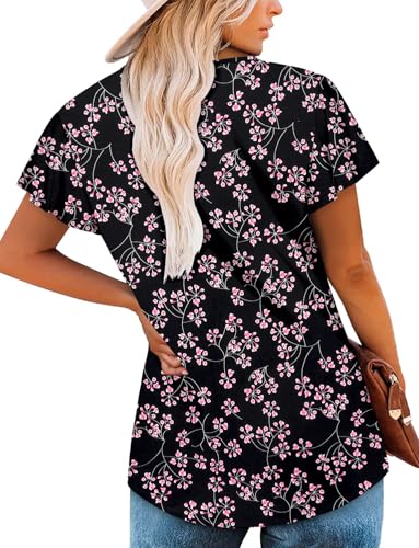 KISSMODA Tops for Womens Summer Cute Short Sleeve Shirts Trendy Notched Neck Blouses Casual Loose Pleated Tunics S-3Xl