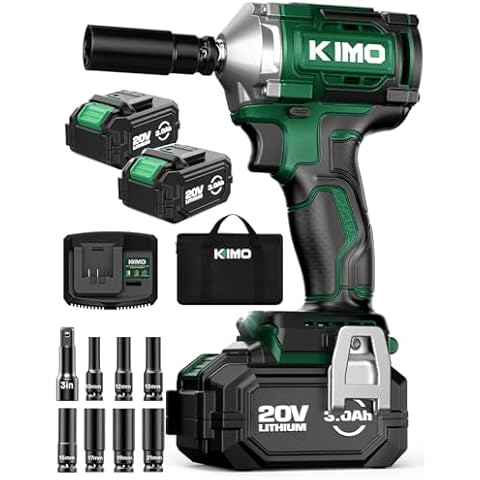KIMO Impact Wrench 1/2 Inch with 814N.M/600ft-lbs Max Torque, 3 Mode Setting, 2 x 3000mAh Batteries, 3000 RPM, 1 Hour Fast Charger, 1/2 Impact Gun with Variable Speeds, 20V Impact Driver for Car Home Cover