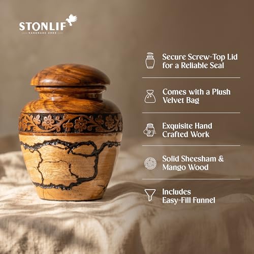 Image of Small Wooden Urns for Human Ashes - 20 lb Black Thunderstorm Pattern Cremation Urn, Decorative Keepsake Burial Container for Ashes Adult Male or Female Memorial Display