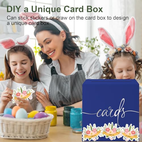 Image of Dark Blue Card Box with Silver Foil Design, Paperboard 8.7 inch Card Box for Birthday Wedding Party Graduation Retirement Anniversary Valentine's Day & Baby Showers, Raffle or Money Box