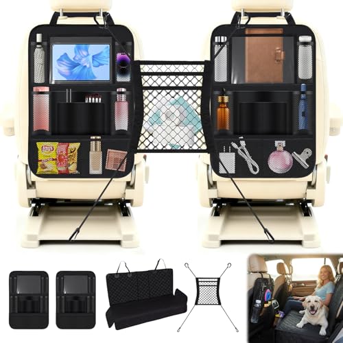 2 Pcs Backseat Car Organizer with Car Mesh Organizer and Dog Seat Cover, Car Organizer Back Seat Easy Install Universal for Cars, SUV, Driving Safely with Children & Pets