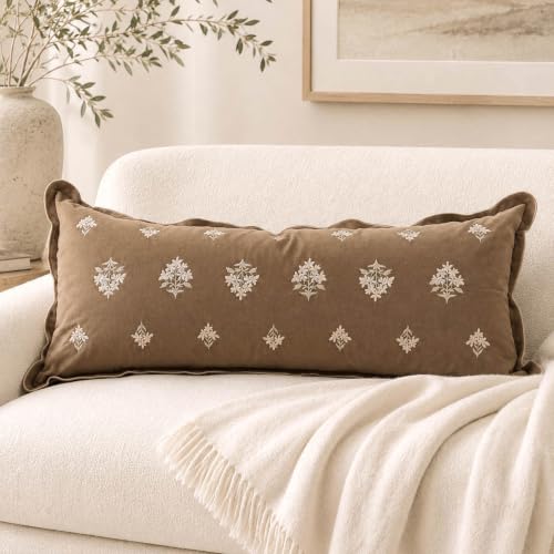 BlissBlush Long Lumbar Pillow Cover 14x36 for Bed, Brown Velvet Decorative Lumbar Pillow Cover, Floral Accent Cushion Cover with Embroidery and Scalloped Edge for Couch Sofa Bed, Cover ONLY - image 1