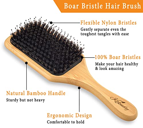 Boar Bristle Hairbrush Set One For Home & One For Travel, Hair Brush One For Yourself & One For Kid - Ktkudy Detangling Brush Getting Knots Out Without Pain - Adds Shine And Leaves Hair Silky Smooth #TOP3