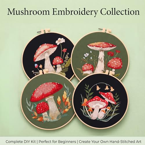 Image of Harimau Adult Beginner Embroidery Starter Kit, Complete Set with 4 Patterns, 2 Hoops, Needles, Scissors, Instruction Guide & Stitching Video Tutorials