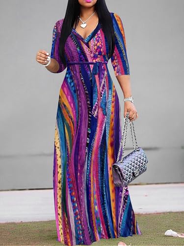Image of Women's V Neck Floral Maxi Dress 3 /4 Sleeve Plus Size Boho Wrap Flowy Long Dresses with Belt