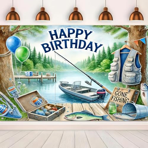 Image of BlissYard Fishing Happy Birthday Banner 71x43 Inch Lake Boat Theme Backdrop Gone Fishing Birthday Banner for Men Boys Outdoor Party Wall Decor Photo Background Cabin Rustic Celebration Supplies