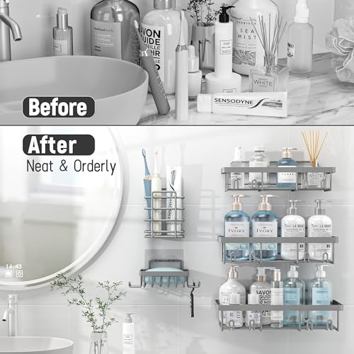 Image of Liuoud 10 Pack Shower Caddy Organizer Rack Shelf for Inside Shower, Self Adhesive Wall Storage Basket Rustproof Stainless Steel Shampoo Holder Bathroom Accessory Decor Set, Grey