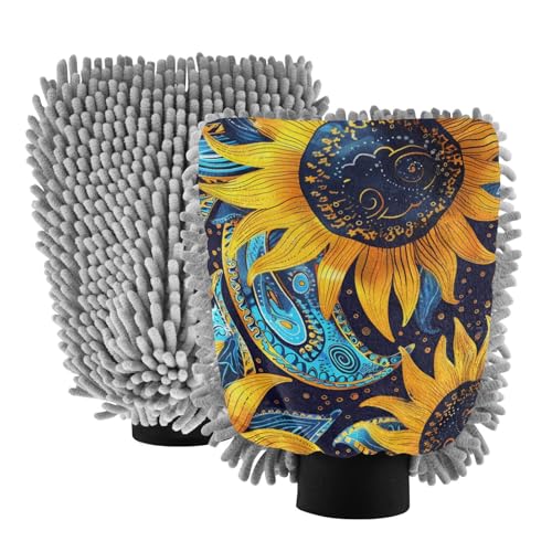 IOACIY Absorbent Microfiber Car Wash Drying Mitts, 2 Pack, Scratch-Free & Lint-Free, Rich Foam, Highly Absorbent, Double Sided, Wash Mitt Perfect for Car Washing, L, Sunflower (25)