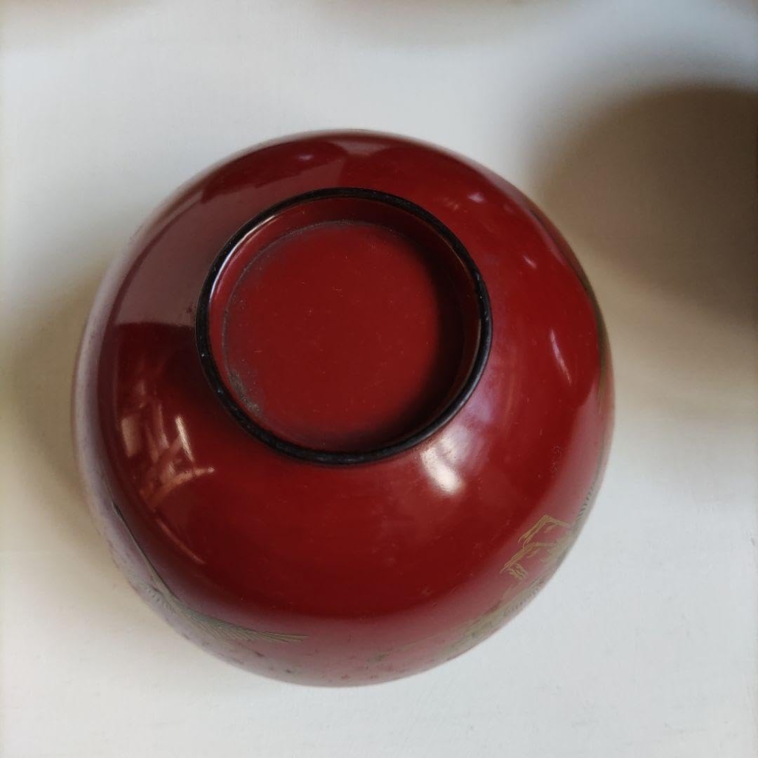 鶴金彩模様の赤漆器蓋付き椀 5個セット 鶴金彩模様の