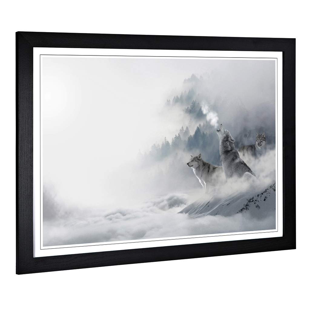 Big Box Art Framed Print of Wolves in The Winter Forest Landscape Design | Wall Art Picture | Home Decor for Kitchen, Living Room, Bedroom, Hallway, Black, A2 / 24.5x18 Inch / 62x45cm