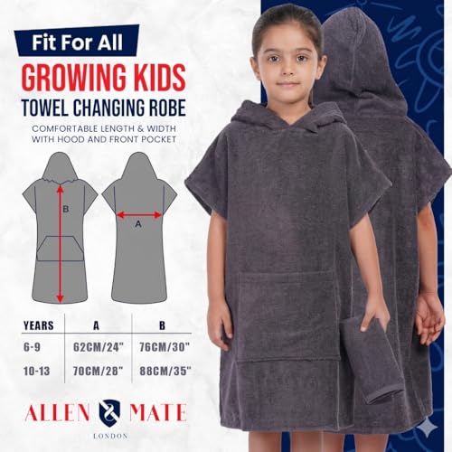 Image of ALLEN & MATE 100% Cotton Kids Hooded Surf Poncho Changing Robe, Quick Absorbent Wearable Swim Towel Boys & Girls, 6-13 Years
