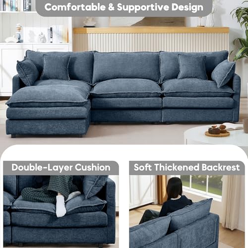 Image of 102 inch L Shaped Modular Sectional Sofa, Comfy Upholstery Chenille Cloud Couch with Ottoman, Modern 4-Seat Deep Seat Sofa with Pillow for Living Room, Bedroom, Apartment, Navy Blue