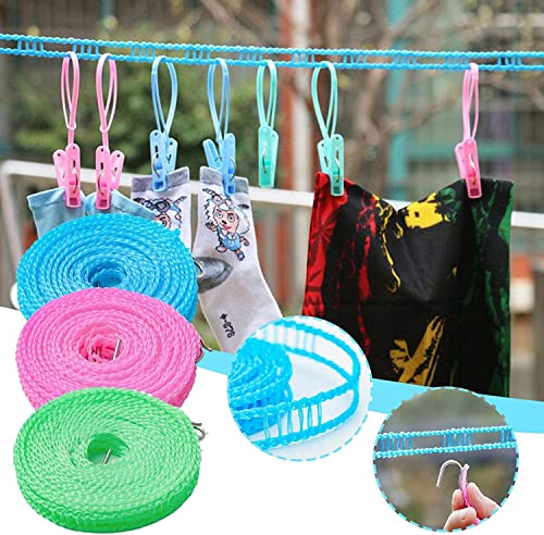 KHDULQ 3 Stücke 5M Nylon-Wäscheleine, Wäscheleine, Wäscheleine Camping, Camping Wäscheleine, Reisewäscheleine, Wäscheleine Ausziehbar Wand, Für Innen- Und Außencamping Kleiderbügel, Blau/Grün/Rosa Cover