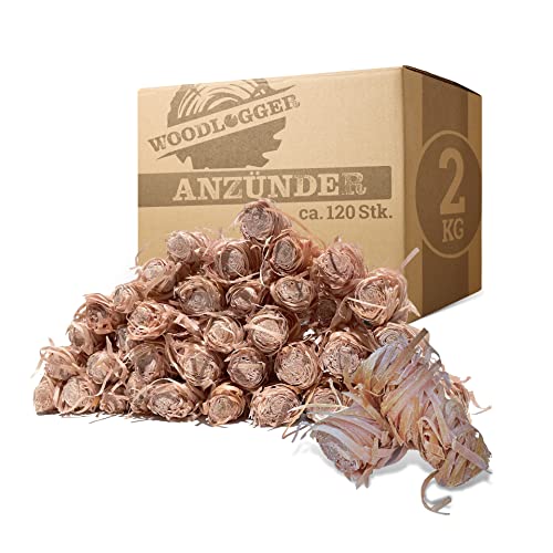 Woodlogger Holzwolle 2 kg mit Langer Brenndauer | Anzünder für Kamin, Grill, Ofen und Kachelofen | Geruchsneutrale Anzündwolle aus Holz in Wachs getränkt | Ohne chemische Zusätze