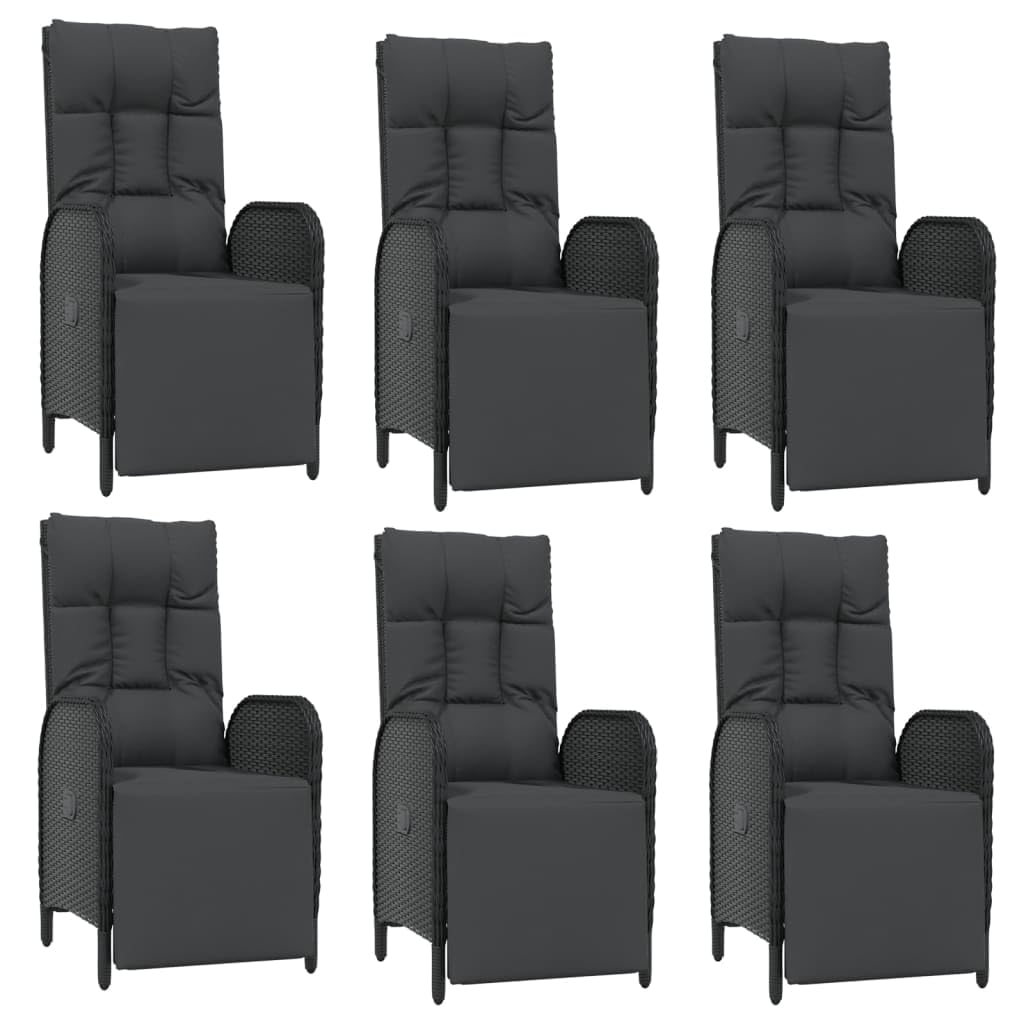 vidaXL Garten Essgruppe 7-TLG., Gartenmöbel Set mit Kissen, Gartengarnitur Tisch 6 Stühle mit Liegefunktion, Sitzgruppe Gartenset, Schwarz Grau Poly Rattan